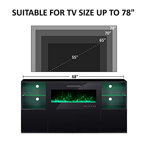 AMERLIFE Modern High Gloss 68" Fireplace TV Stand, Fireplace Entertainment Center with Fireplace & LED Lights for TVs up to 78", TV Console Cabinet with Adjustable Glass Shelves for Living Room, White