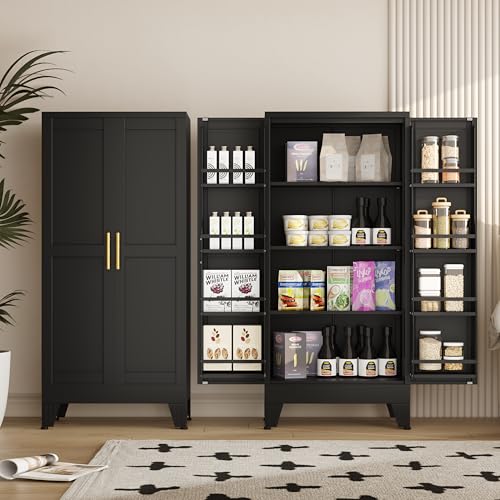 75.2" Tall Metal Pantry Cabinet, Storage Cabinets with 4 Door and 4 Adjustable Shelves, Black Kitchen Pantry Storage Cabinet, Freestanding Cupboard for Kitchen Dining Room Living Room Bathroom