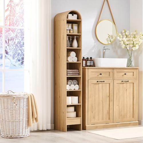 71" Tall Arched Bookshelf, 7 Tiers Arch Bookcase with Storage, Modern Farmhouse Book Shelf with Adjustable Shelves, Wood Bookshelf w/Open Display Shelves for Living Room, Office (Natural)