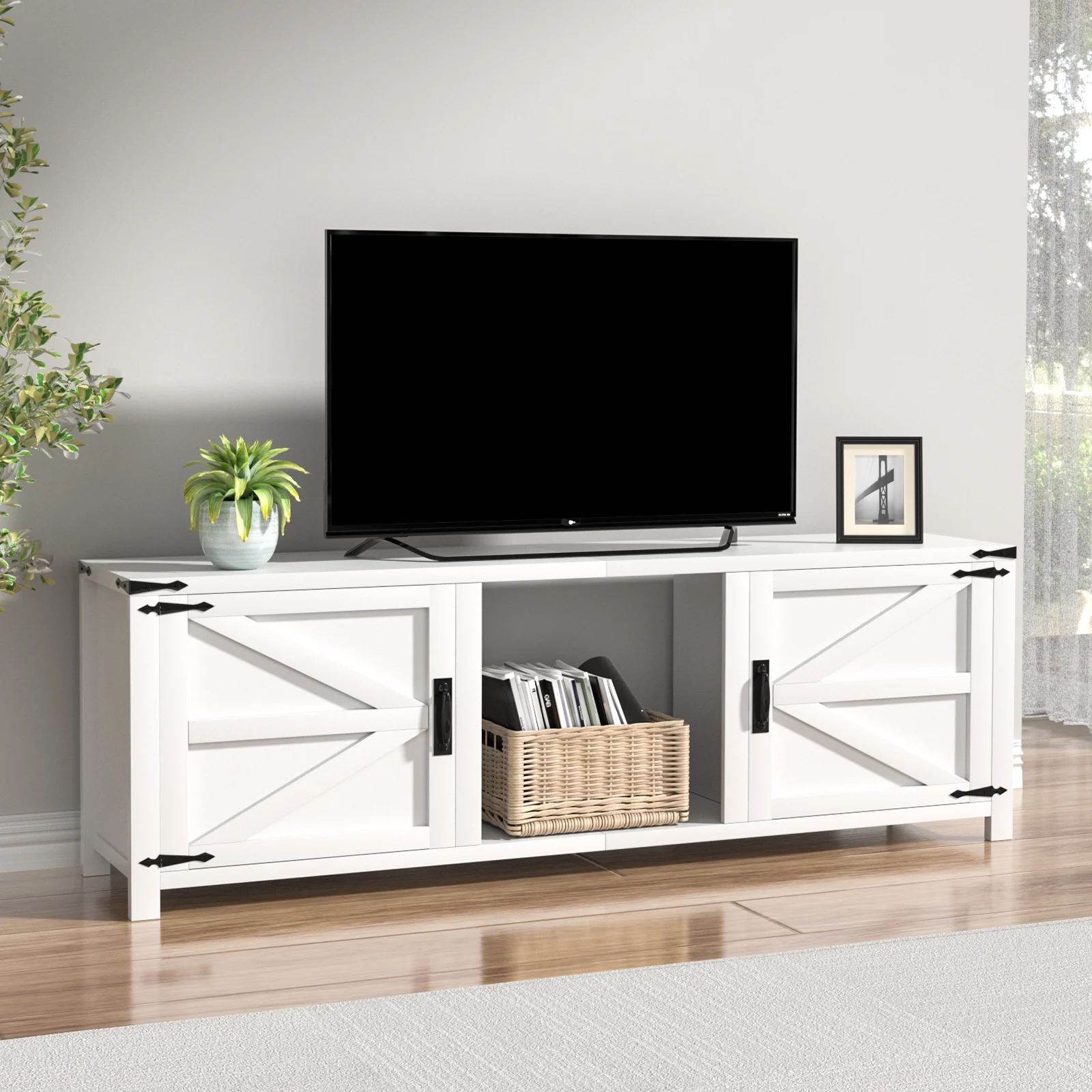 Oneinmil 70" Modern Farmhouse TV Stand for 80" TVs , with Barn Doors Storage Cabinets, TV Entertainment Center for Living Room, White