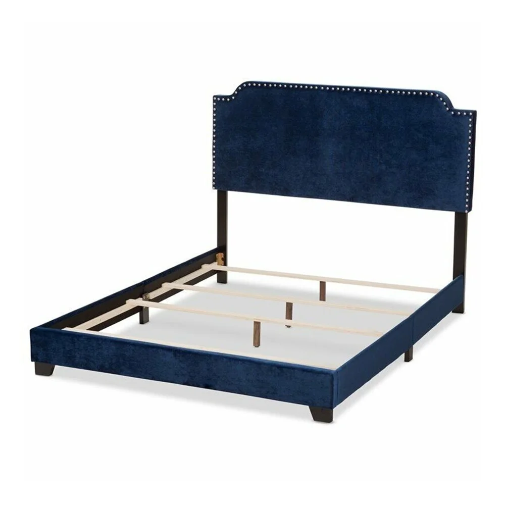 King Size Velvet Nailhead Upholstered Bed Navy