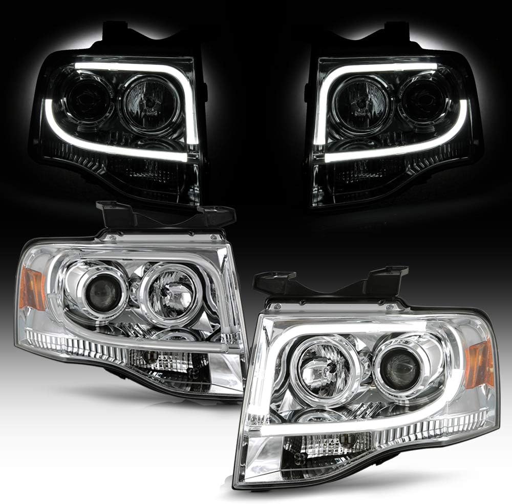 ACANII - For 2007-2014 Ford Expedition LED Tube Chrome Housing Projector Headlights Headlamps, Driver & Passenger Side