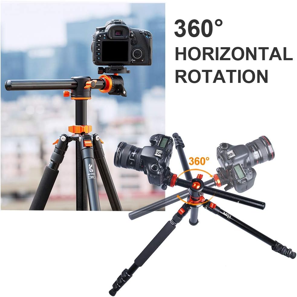 K&F Concept 72 Inch Camera Tripod, S211 Transverse Center Column Aluminium Professional DSLR Tripod with 360 Degree Ball Head,Quick Release Plate,Detachable Monopod 10kg Load for Travel and Work