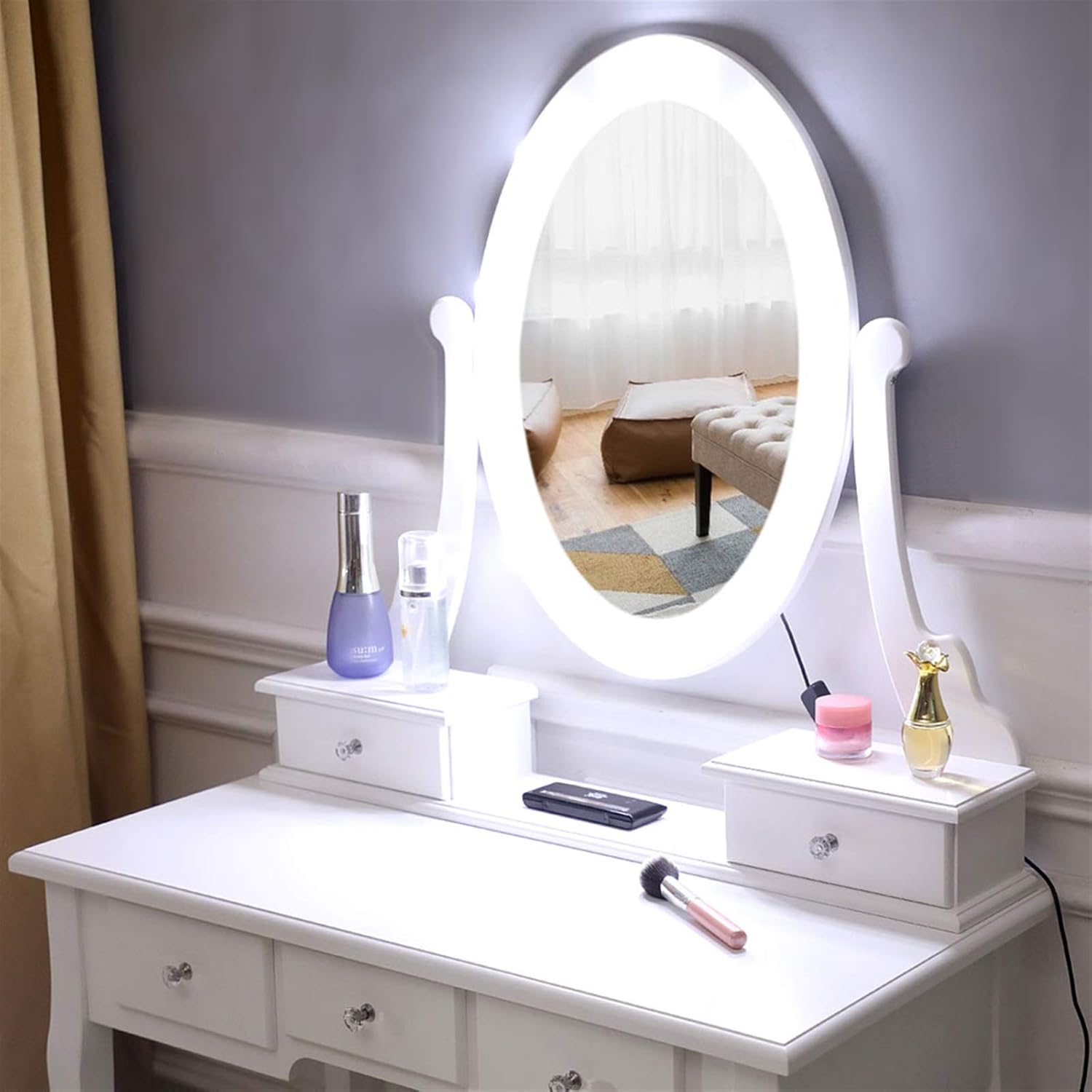 White Lighted Makeup Vanity Set - Makeup Desk with 360° Rotating Oval Mirror and Cushioned Stool - Make-up Vanity Station with Removable Top - Dressing Table with 10 Light Bulbs and 5 Sliding Drawers
