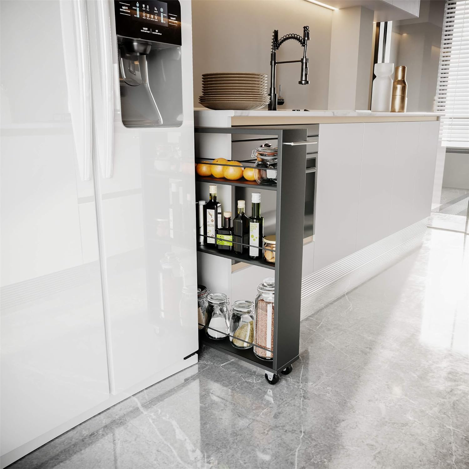 BIKAHOM 3- Tier Slide Out Storage Tower Kitchen Slim Slide Out Pantry-Using As A Rolling Spice Storage Rack,in-Between Fridge Storage Cart,Space Saver Organizer for Kitchen Bathroom Laundry,White