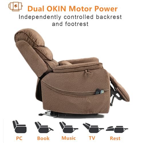 Light Grey Recliner Chair for Elderly | Tall and Big Man 400lbs | Chenille | Power Lift, Lay Flat, Stand Up, Wireless Charging Device, Extended Footrest, Massage Heat, Cup Holder, Lumbar Pillow