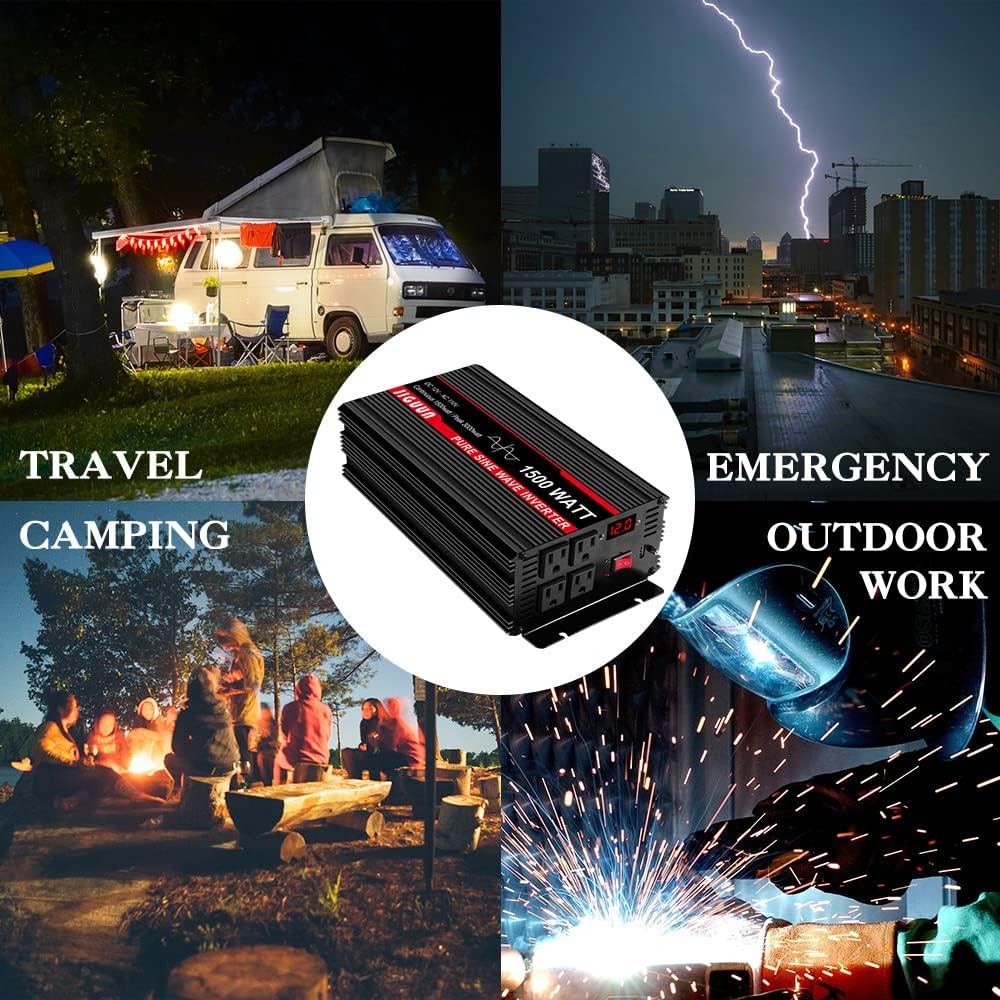 JIGUUN 3000 Watt/6000 Watt Pure Sine Wave Inverter, Power Converter 12V DC to 110v/120v AC, Car Inverter with 4 AC Outlets&USB Port 170ft Wireless Remote Control for RV Camping Truck(3000W-12V)
