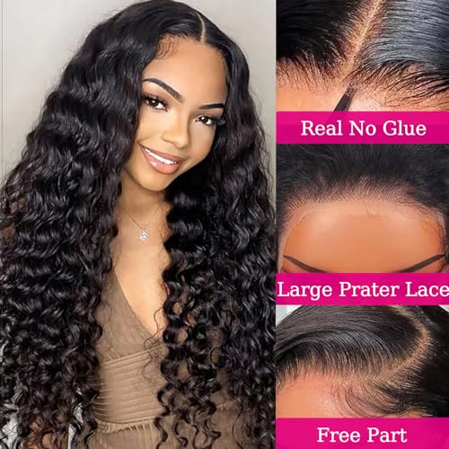 Wear And Go Glueless Wigs Human Hair Pre Plucked Pre Cut No Glue 13x4 Deep Wave Lace Front Wigs Human Hair Ready To Wear Glueless Wigs For Black Women Natural Color Deep Wave Wig(28 Inch)