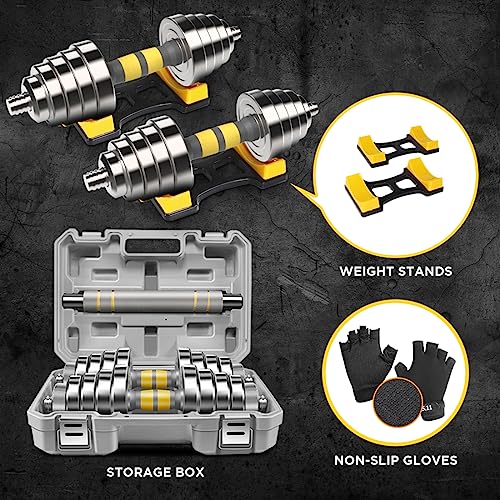 Adjustable Dumbbell Set - 44/66 LBS weights set, Dumbbell Barbell 3 in 1, Steel Dumbbells Pair with Connecting Rod for Adults Women Men Fitness Workout, Home Gym Exercise Training Equipment
