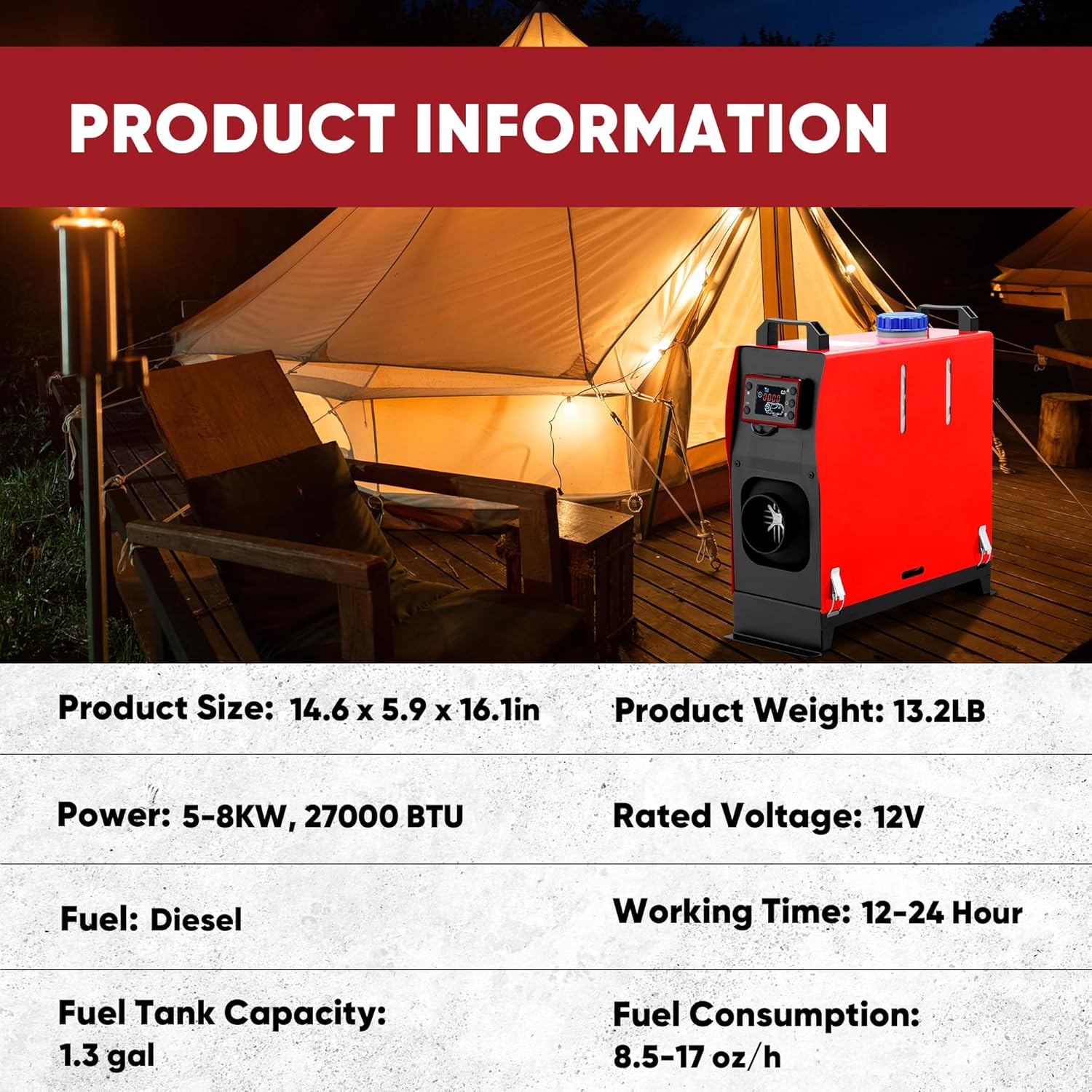 Diesel Heater 8KW,All-in-One Diesel Air Heater, Portable Diesel Heater with LCD Monitor & Remote Control, Fast Heating for Tent, Car, RV, Truck, Camper, Trailer, Motorhome, Red