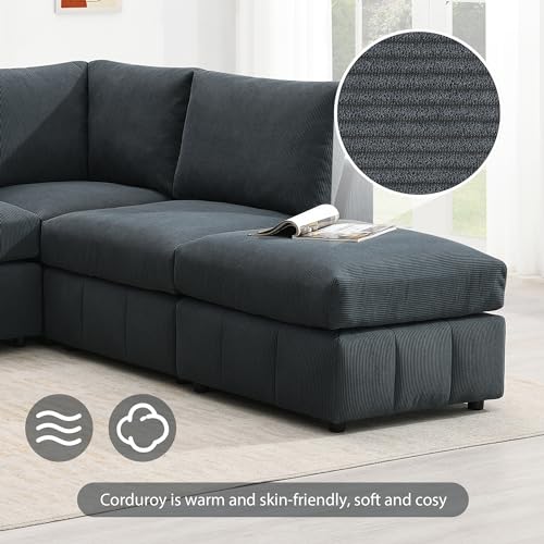 93 Inch L Sectional Sofa Corner Couch with 2 Movable Ottomans Set Reversible Symmetric L Shape – 5-Seat Armless Modern Design for Living Room, Home Office Dark Grey Corduroy