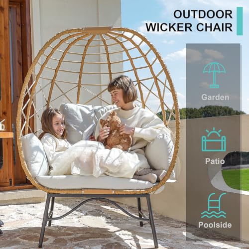 SWITTE Wicker Egg Chair Outdoor Indoor, Oversized Rattan Patio Lounge Chairs with Cushion for Backyard, Living Room, Steel Frame, 480lb Capacity-Cream