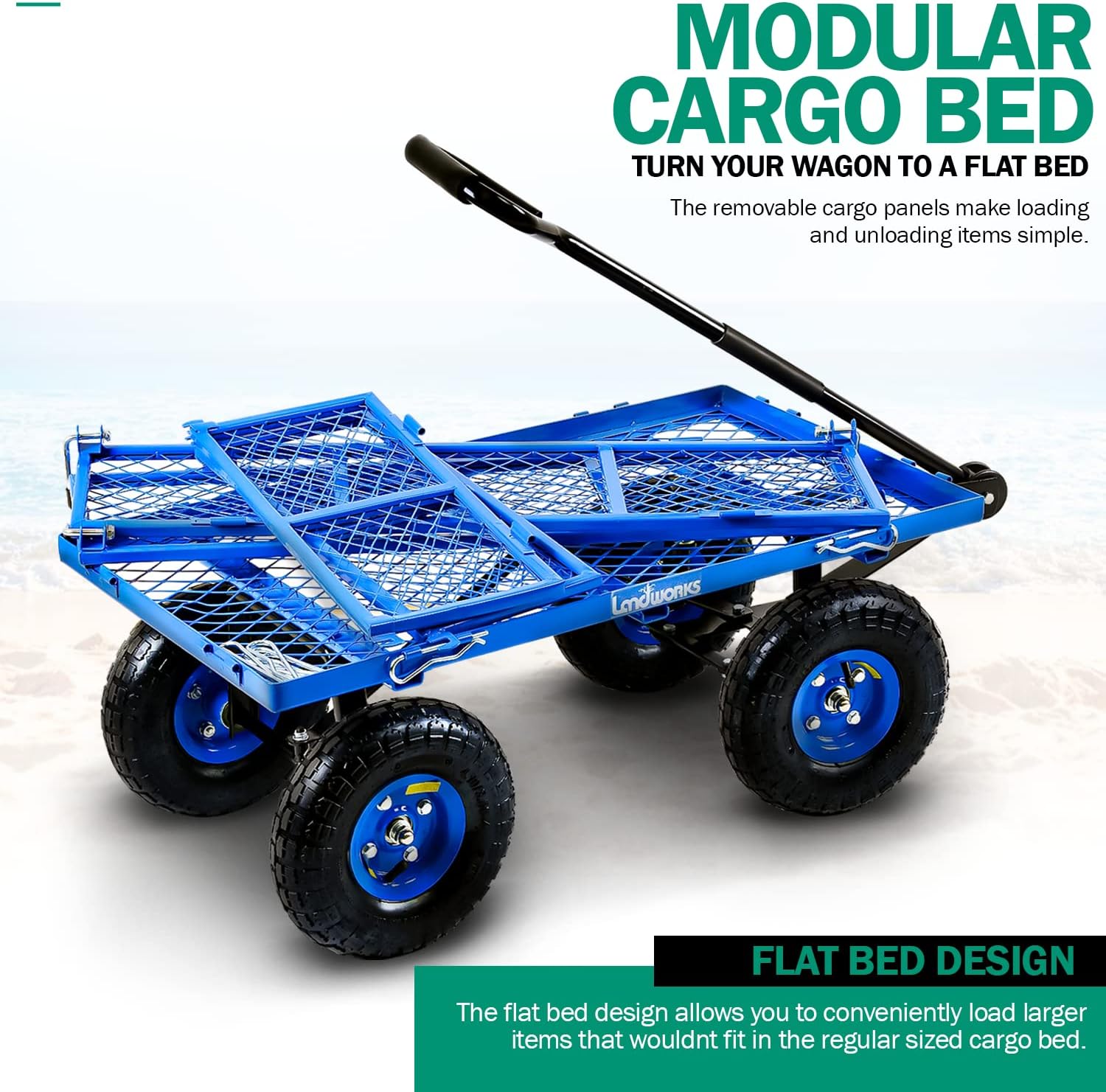 Landworks Lawn & Garden Utility Cart/Beach Wagon, All Terrain, w/Heavy Duty Removable Side Meshes, 400 lbs Cap, Blue