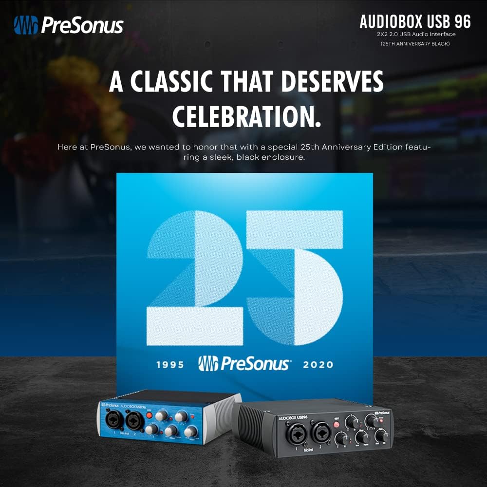 PS PreSonus AudioBox USB 96 2.x USB Audio Interface (25th Anniversary Black) w/Studio One Artist & Studio Magic Recording w/Two Condenser Microphones, Headphones, & More in Accessories Bundle