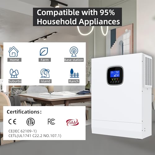 5000W Solar Inverter 48V to 120V, Pure Sine Wave Power Inverter 5kW Built-in 80A MPPT Charger, Max.PV Input 5.5kW,500V,22A, Work w/ 48V Lead Acid/Lithium Batteries for Home,RV,Truck