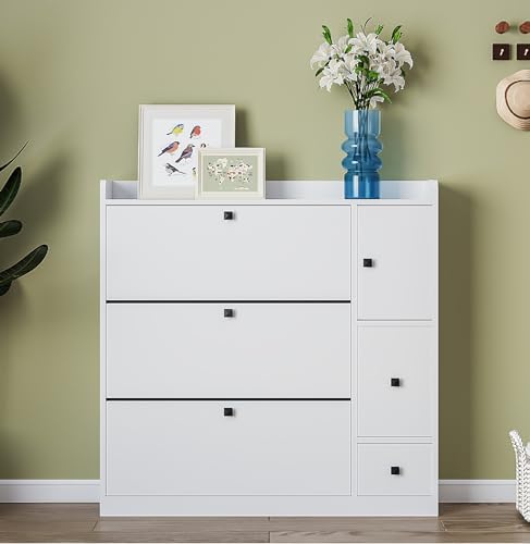 Entryway Shoe Storage Cabinet Slim with 3 Flip Drawers, Modern Slim Hidden Shoe Cabinet, Free Standing Shoe Rack for Entryway 24 Pair Shoes with Pull-Down Seat for Hallway (Black)