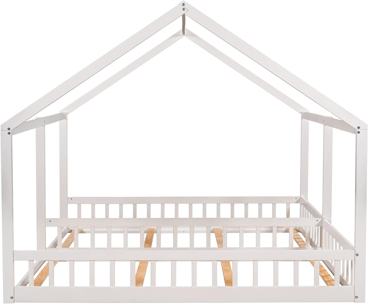 House Bed For 2 Kids, Double Shared Size Beds, Wooden Toddler, Montessori, Floor, Teens, Boys & Girls, Can Be Decorated Tent (Double, White)