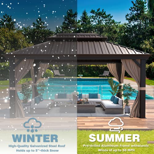MELLCOM 12'x16' Hardtop Gazebo, Galvanized Steel Metal Double Roof Canopy with Curtains and Netting, Brown Permanent Pavilion Gazebos with Aluminum Frame for Garden, Patio, Lawns, Deck