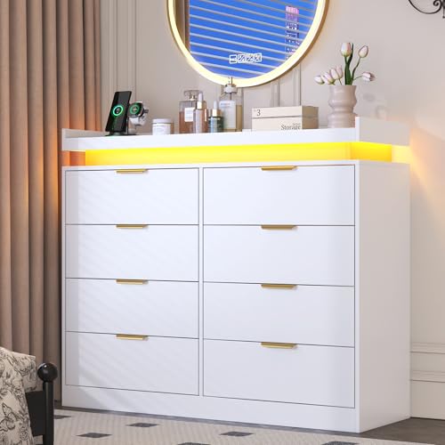 White Dresser with LED Lights, Wooden LED Dresser, 4 Drawer Chest with Charging Station, Tall Chest of Drawer Closet Organizer for Bedroom, Living Room, Entryway, Hallway