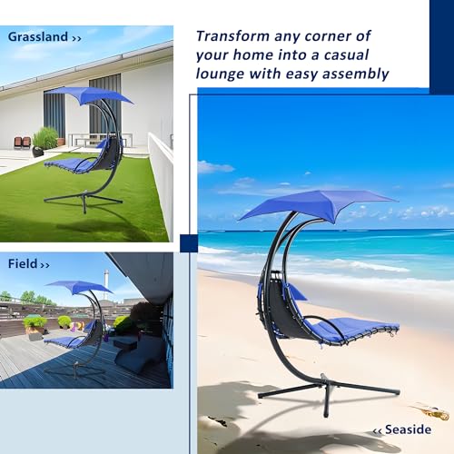Hanging Chaise Lounger with Removable Canopy Outdoor Indoor Hammock Swing Chair with Cushion Built in Pillow, Curved Zero Gravity Chaise Lounge Chair for Patio Porch Poolside (Navy)