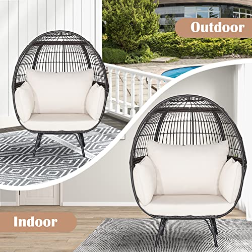 Oversized Egg Chair, Wicker Patio Basket Circle Lounge Chair w/Metal Stand & 4 Thick Cushions, PE Rattan Egg Lounger Outdoor Indoor for Backyard, Balcony, Living Room (Light Brown)