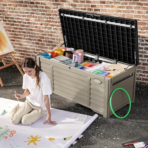 DWVO Large Deck Box 120 Gallon Waterproof Outdoor Storage Box, Extra Large Outdoor Storage Bin, Resin Louvered Patio Storage for Outdoor Pillows, Garden Tools & Pool Supplies, Lockable, Dark Brown
