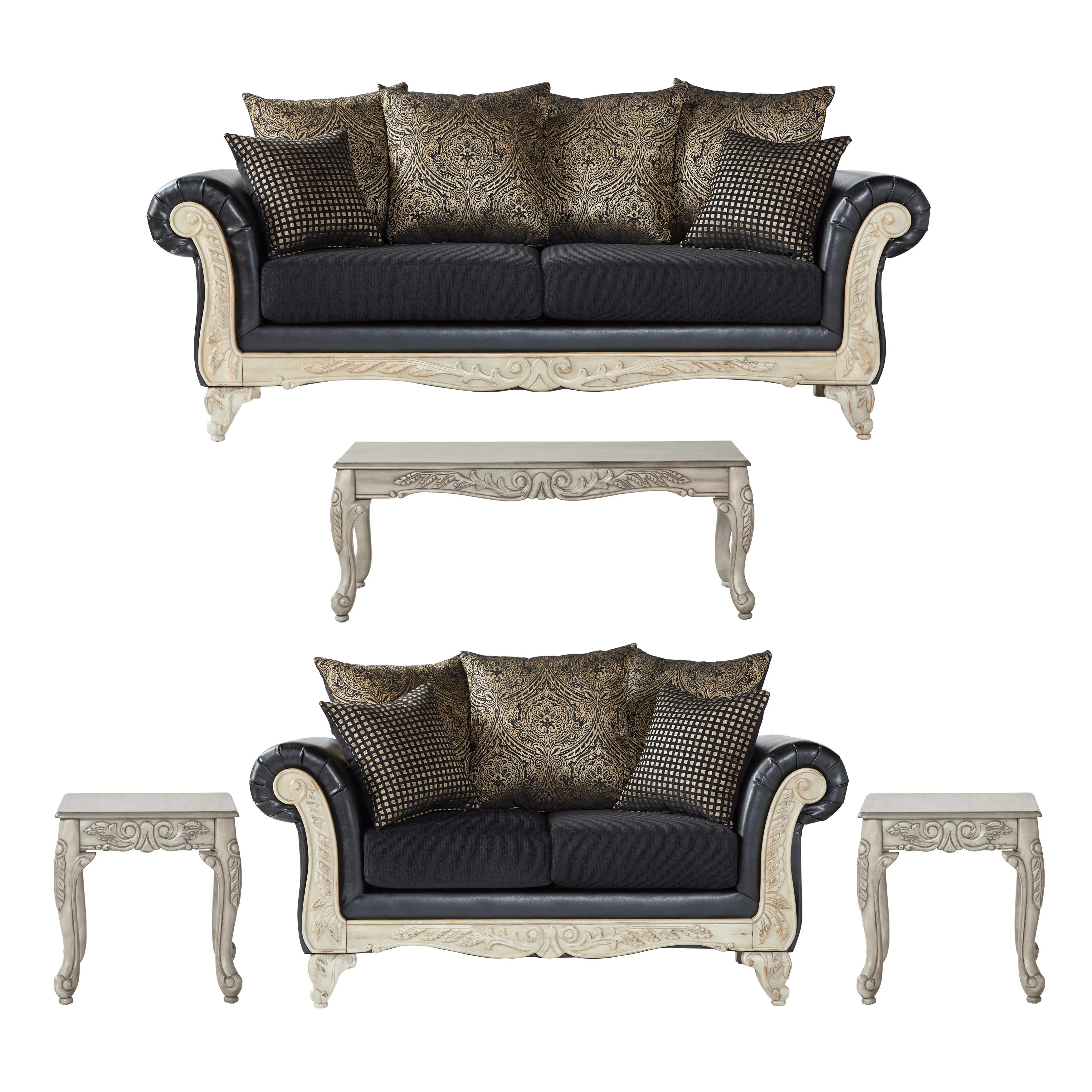 Roundhill San Marino Wood Frame Faux Leather Sofa and Loveseat with 3-Piece Tables Set