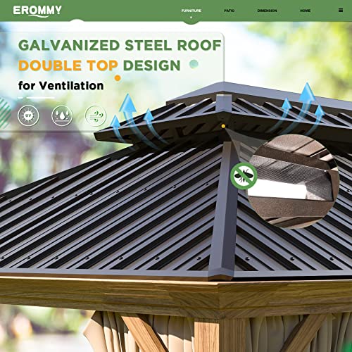 EROMMY 14'x20' Hardtop Gazebo Double Roof Galvanized Steel Canopy Outdoor Aluminum Frame Permanent Metal Pavilion with Netting and Curtains for Patio Backyard Deck and Lawns