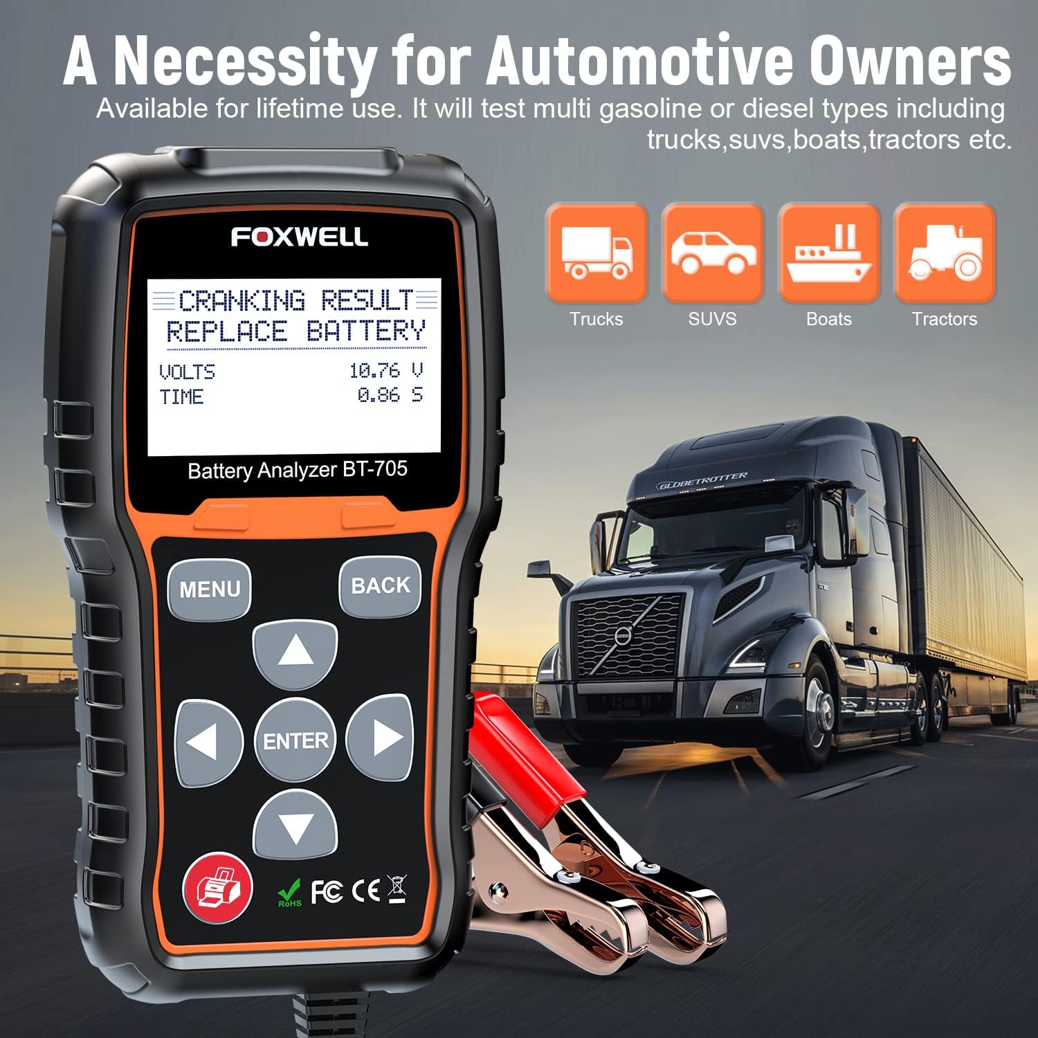 FOXWELL BT705 12V 24V Car Battery Tester Automotive 100-2000 CCA Battery Load Tester Auto Cranking and Charging System Test Scan Tool Digital Battery Alternator Analyzer for Vehicle, Heavy Duty Truck