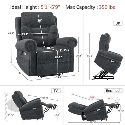 MCombo Triple Motor Power Lift Recliner Chair with Massage and Lumbar&seat Heating, Rolled Arms, Adjustable Headrest for Elderly People, Fabric 7888 (Coffee, Medium)