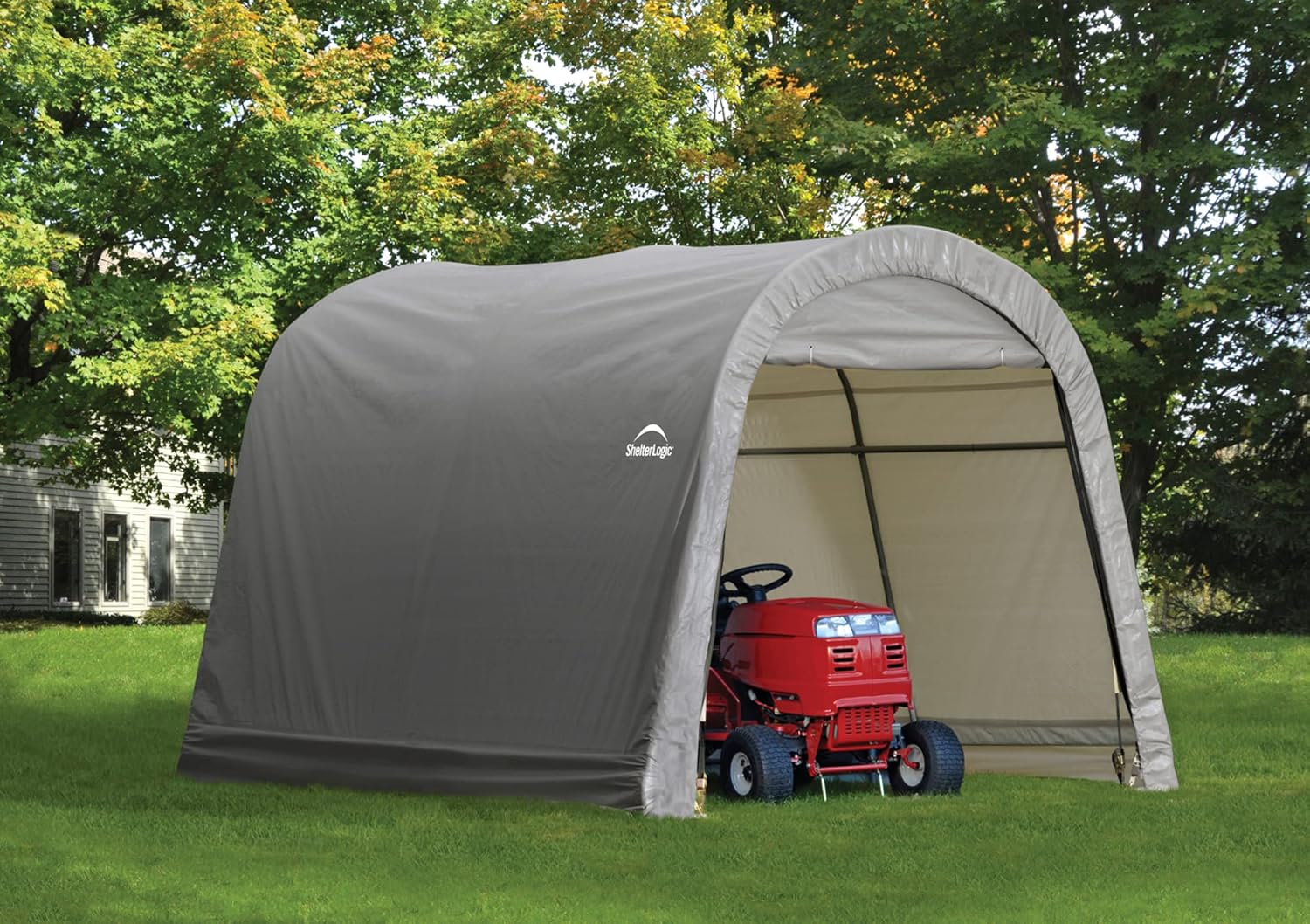 ShelterLogic 10' x 10' Shed-in-a-Box All Season Steel Metal Round Roof Outdoor Storage Shed with Waterproof Cover and Heavy Duty Reusable Auger Anchors, Grey & Pull-Eaze Roll-Up Door Kit