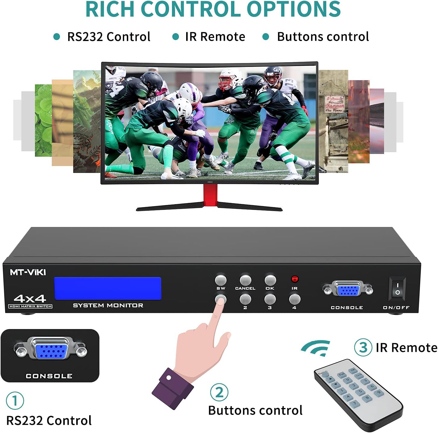 MT-VIKI 4x4 HDMI Matrix Switch 4 in 4 Out 4K@30Hz Rack Mount Switcher & Splitter Support 4Kx2K@30HZ, EDID, RS232