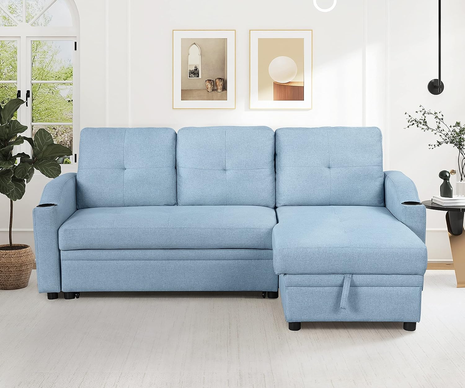 80.3" L-Shape Convertible Sleeper Sofa with Pull-Out Bed, Storage Chaise and 2 Cup Holders, Linen Fabric 3 Seater Upholstered Reversible Couch for Small Spaces Living Room, Blue