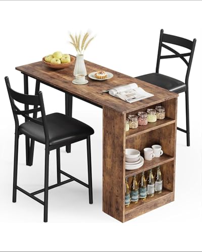 GAOMON 3 Piece Bar Table Set for 2, Bar Table and Chairs Set with with Flip Top Extension, Dining Table Set with Storage Shelves, Suitable for Small Space Kitchen Apartment, Grey