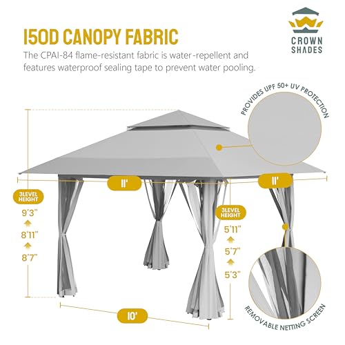 CROWN SHADES 13x13 Pop Up Gazebo, Canopy Tent, Gazebos on Clearance - Outdoor Gazebo for Backyard & Patio Furniture - Carpa Pop Up Tent with Wheeled STO-N-Go Cover Bag (Grey)