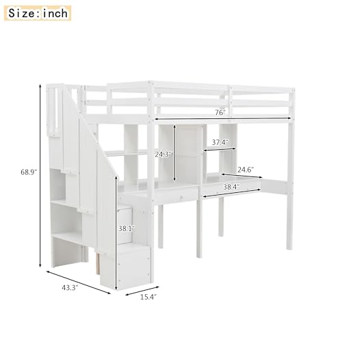 Harper & Bright Designs Twin Size Loft Bed with Stairs and Desks, Wood Loft Bed Frame with Storage Drawers, White