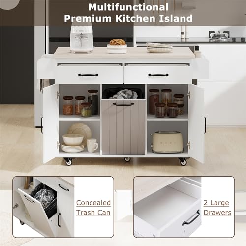 Kitchen Island with Trash Can Storage Cabinet, Kitchen Cart with Drop Leaf, Spice Rack, Towel Rack and 2 Drawers, Rolling Kitchen Island on Wheels with Adjustable Shelf, Brown
