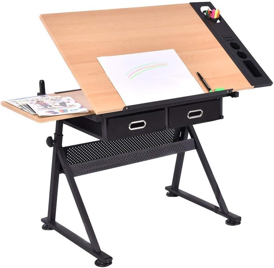 HONGYANG Drafting Desk, Height Adjustable Drawing Desk, Tiltable Craft Table with Storage, Maple Panel Art Desk, for Home Office Drafting Table