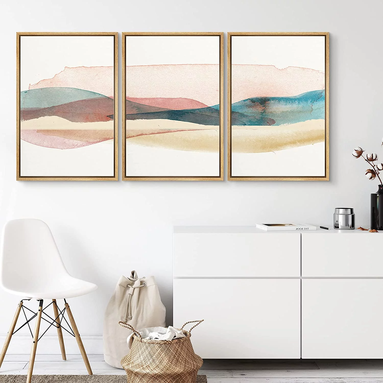 PixonSign Framed Canvas Wall Art Set of 3 Abstract Mountain Nature Painting Canvas Prints Watercolor Landscape Modern Art for Living Room Bedroom Office - 24"x36"x3 Natural