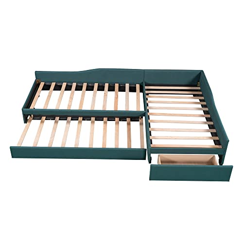L Shaped, Upholstered Double Size Daybed with Trundle and Storage Drawer, Upholstery Platform Bedframe 3 in 1 Wood Beds Frame for Boys and Girls, No Box Spring Needed, Twin/Twin, A-Gray oo
