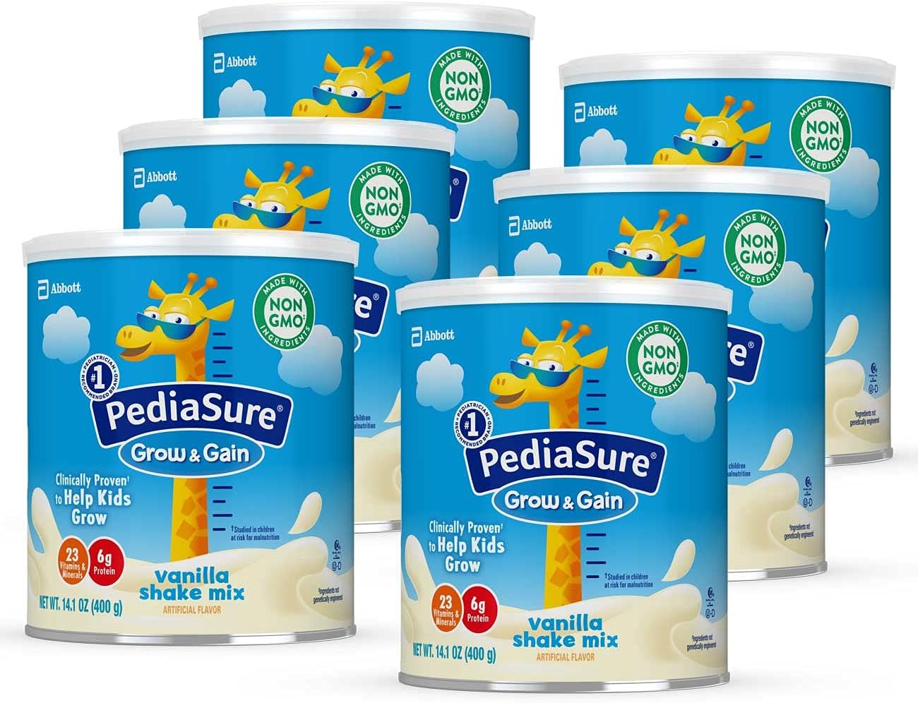 PediaSure Grow & Gain Non-GMO and Gluten-Free Shake Mix Powder, Nutritional Shake For Kids, With Protein, Probiotics, DHA, Antioxidants*, and Vitamins & Minerals, Vanilla (48 servings – 6 cans)