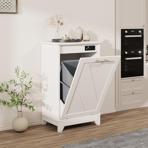 Double Tilt Out Trash Cabinet, Free Standing 10 Gallon Recycling Trash Can Cabinet with Negative Ion and Deodorizing Function, for Kitchen Living Room, Black