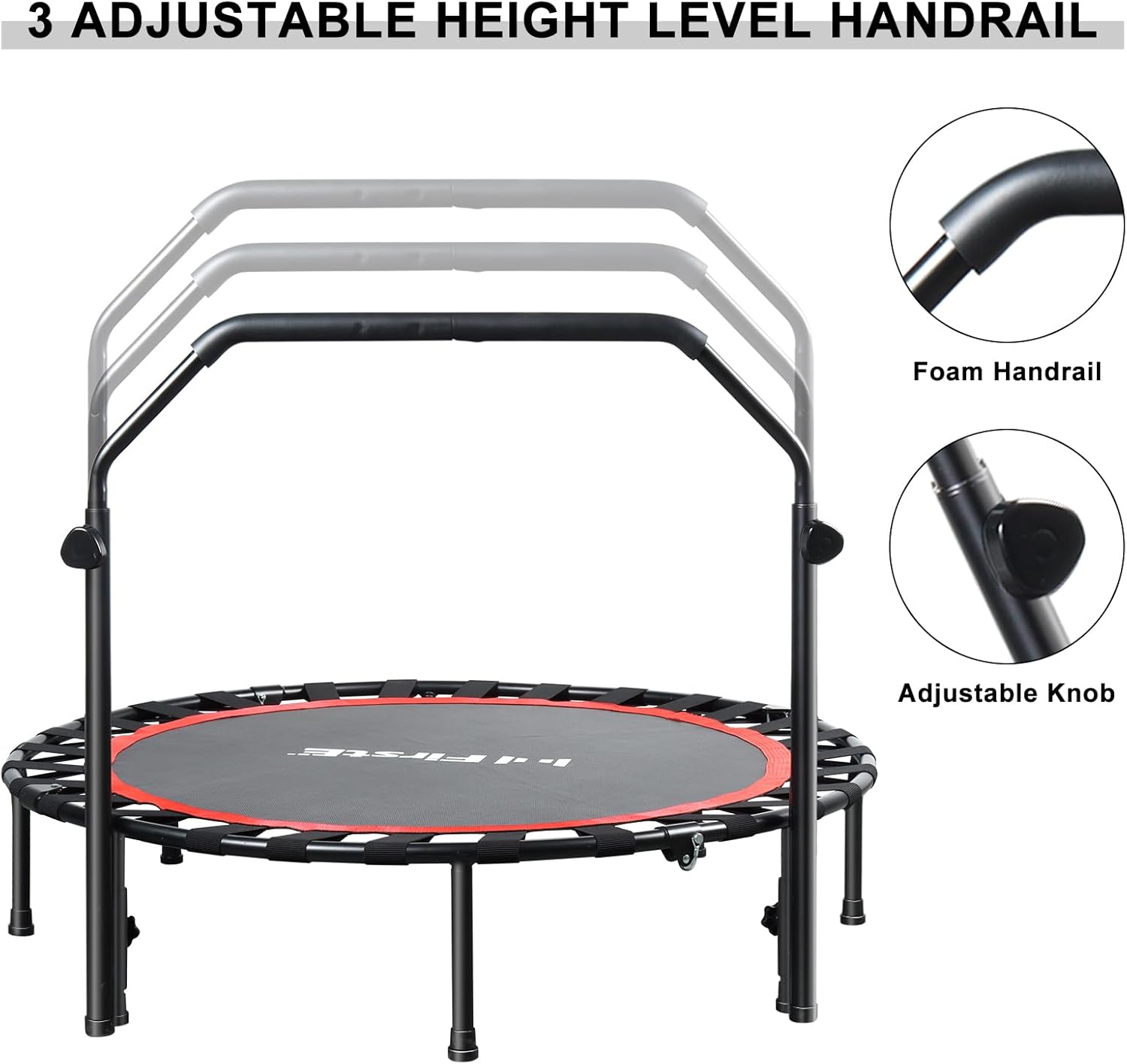 48" Bungees Rebounder Trampoline for Adults, 330LBS Fitness Trampoline Foldable Mini Trampoline,3 Level Adjustable Foam Handle, Stable & Silent Exercise Trampoline for Adults Indoor Workout