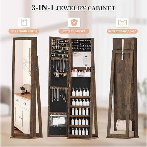 Jewelry Cabinet with Full-Length Mirror, Lockable Jewelry Armorie Standing with Inside Makeup Mirror, Space-Saving Jewelry Storage Organizer, Brown