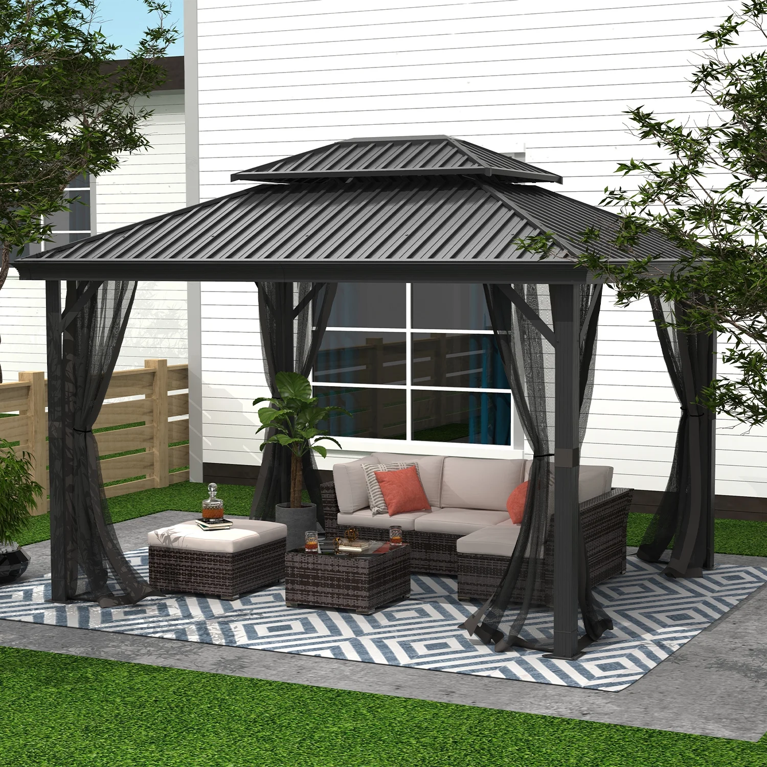 FineFind 10ft x 12ft Hardtop Gazebo with Netting for Patios, Lawn, Backyard and Deck(BLACK)