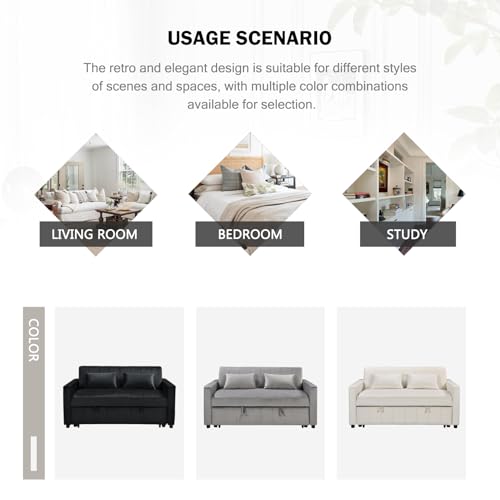 Convertible Sleeper Sofa Bed, 55.51" Modern Velvet 3-in-1 Futon Couch, Pullout Bed with Adjustable Backrest, Storage Pockets and Toss Pillows for Living Room, Bedroom (Black)