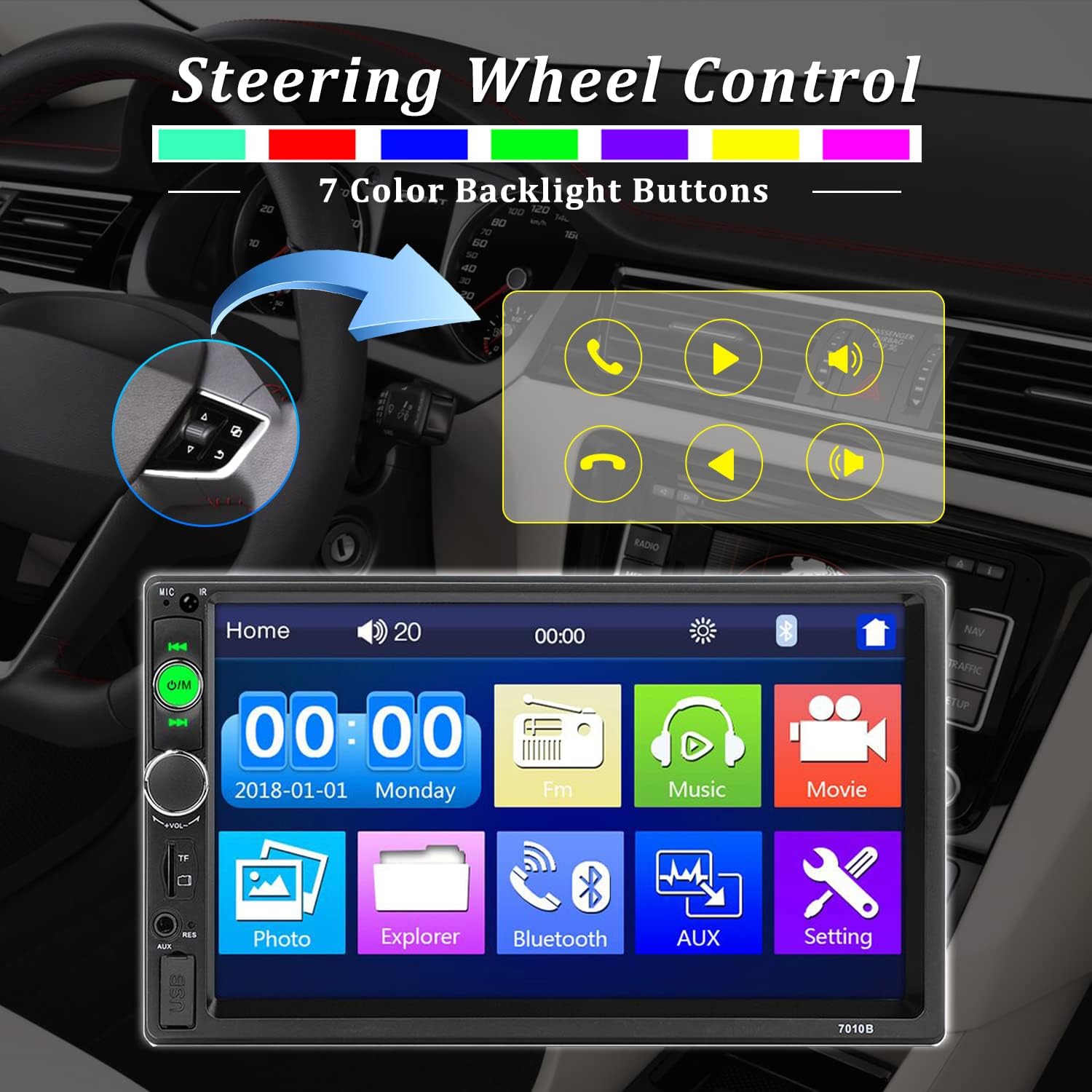Car Stereo Double Din Car Radio 7 Inch HD Player MP5 Touch Screen Digital Display Bluetooth Multimedia 2 Din FM Radio Receiver AUX In USB TF Card Input Mobile Mirror Link with 12 LED Car Backup Camera