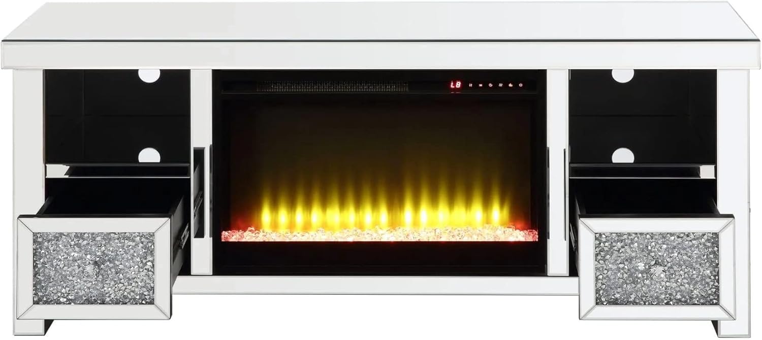 Acme Noralie Glass Fireplace TV Stand for TVs Upto 60" in Mirrored/Faux Diamonds