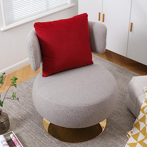 Swivel Accent Chair, Upholstered Barrel Chair with Pillow, 360 Degree Swivel Comfy Single Sofa Chair for Living Room, Bedroom, Lounge, Home Office (White with Orange Pillow, Teddy)