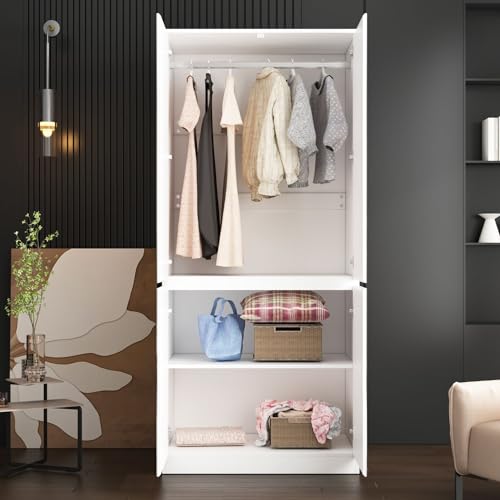 FAMAPY 4 Door Wardrobe Closet with Mirrors, Armoire Wardrobe Closet with Hanging Rod, Mirrored Armoire for Bedroom White (31.5”W x 19.7”D x 70.9”H)